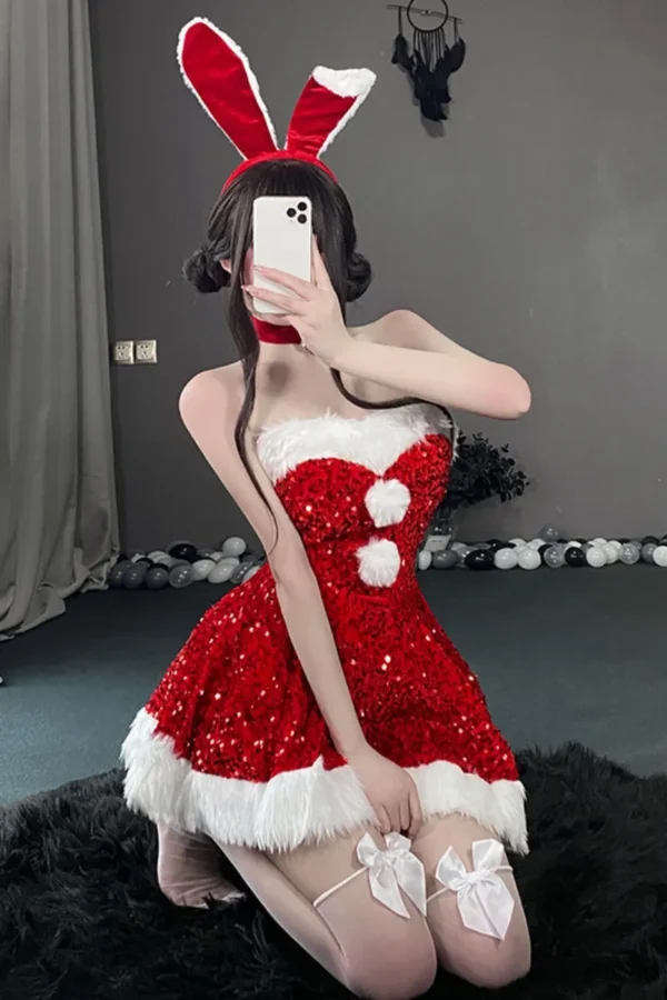 Festive custom sexy Christmas lingerie dress with sequins and fluffy trim