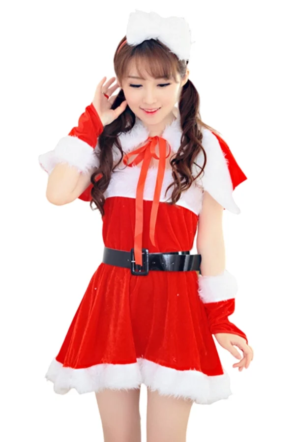 Festive Look of Red Santa Dress with Cape - Supreme Lingerie Woman Wearing Red Velvet Christmas Dress with White Fur Cape