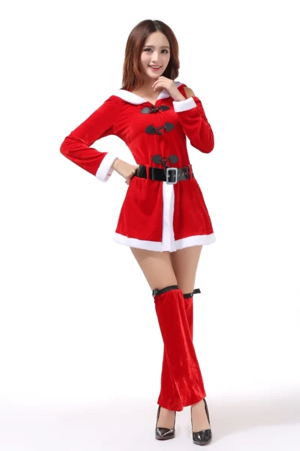 Front view of Christmas Lingerie OEM - Sexy Santa Dress with Belt and Leg Warmers