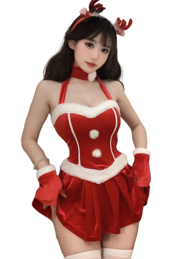 Full Length B2B Christmas Red Velvet Dress - Supreme Lingerie Full-length view of festive red velvet Santa costume