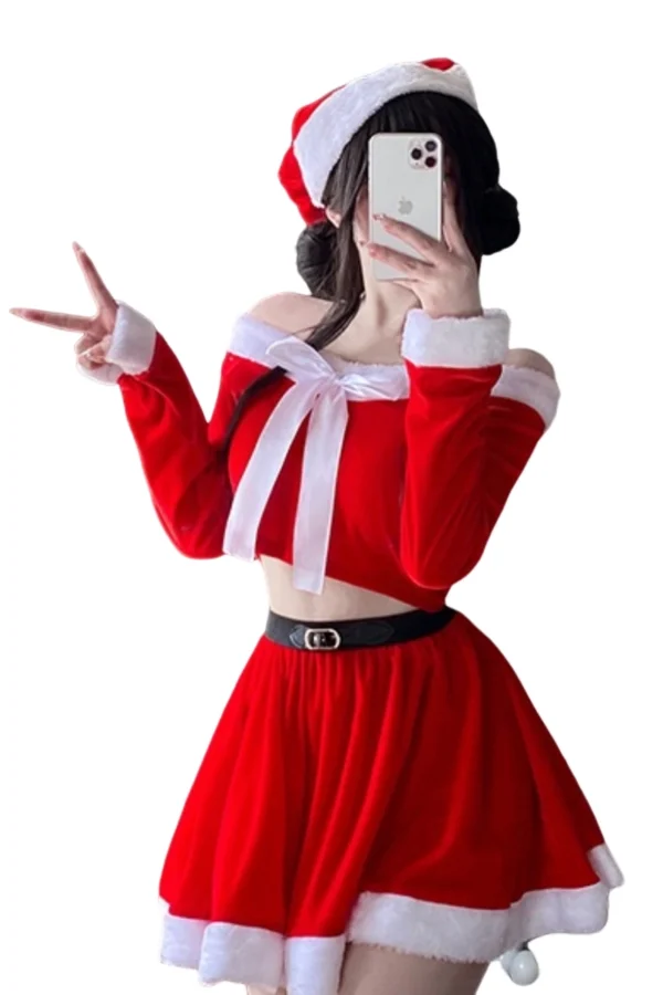 Front view of red and white Christmas-themed lingerie costume with ribbon
