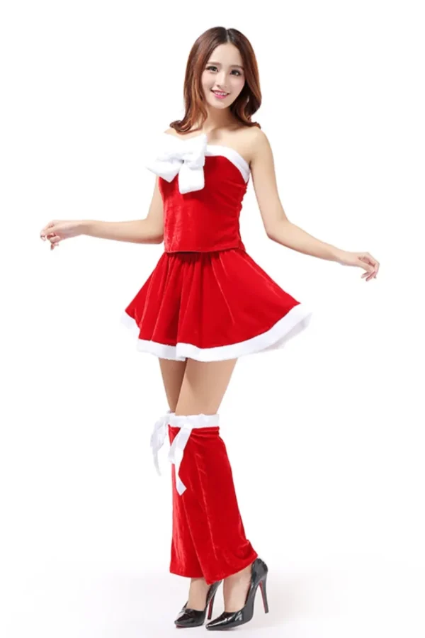 Sexy Christmas Lingerie OEM Red Strapless Santa Dress with white trim and bowknot.