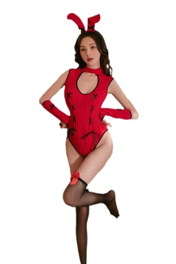 Wholesale red bunny lingerie, high-quality bodysuit with bunny ears and gloves