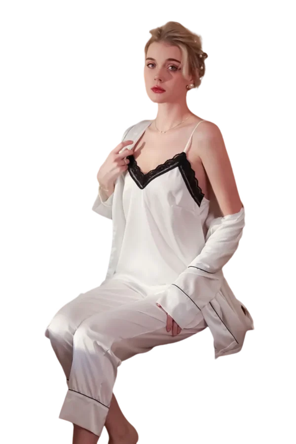 Elegant woman in white satin pajama set - b2b best sexy loungewear