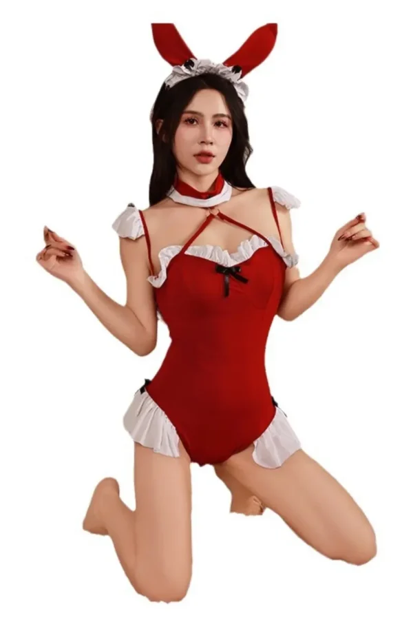 Full-body view of b2b Bunny lingerie outfit with playful bunny ears and ruffle trims
