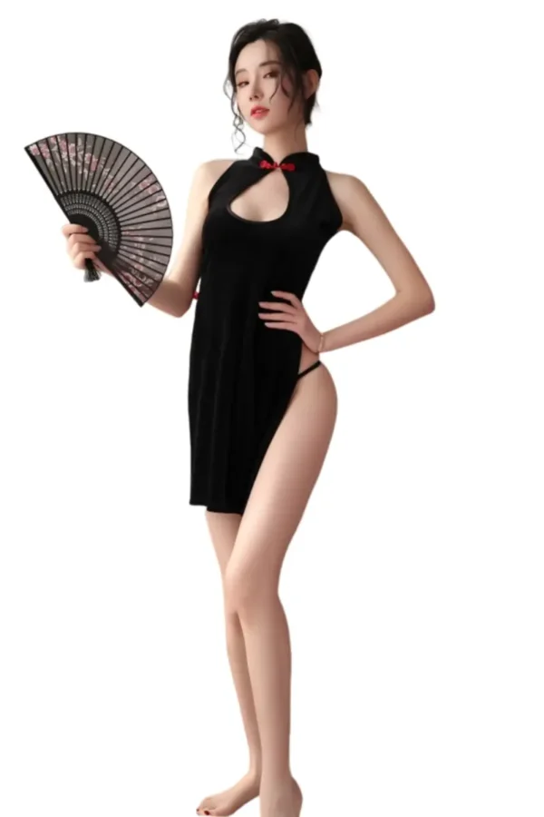 Black halterneck cheongsam lingerie in a B2B setting for the porn lingerie niche