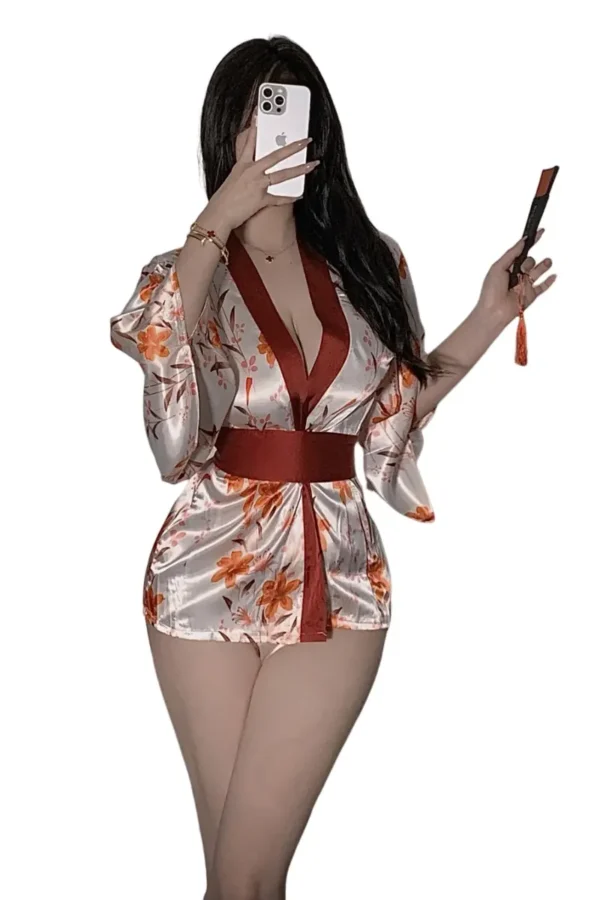 B2B Japanese kimono lingerie paired with a fan accessory, satin finish