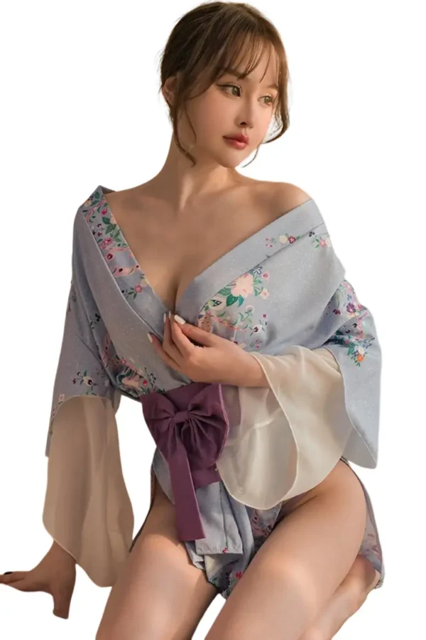 Front view of B2B kimono sexy lingerie with a purple bow accent
