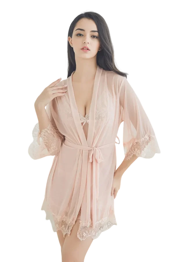 B2B sexy plus loungewear in sheer peach lace kimono style for a luxurious feel.