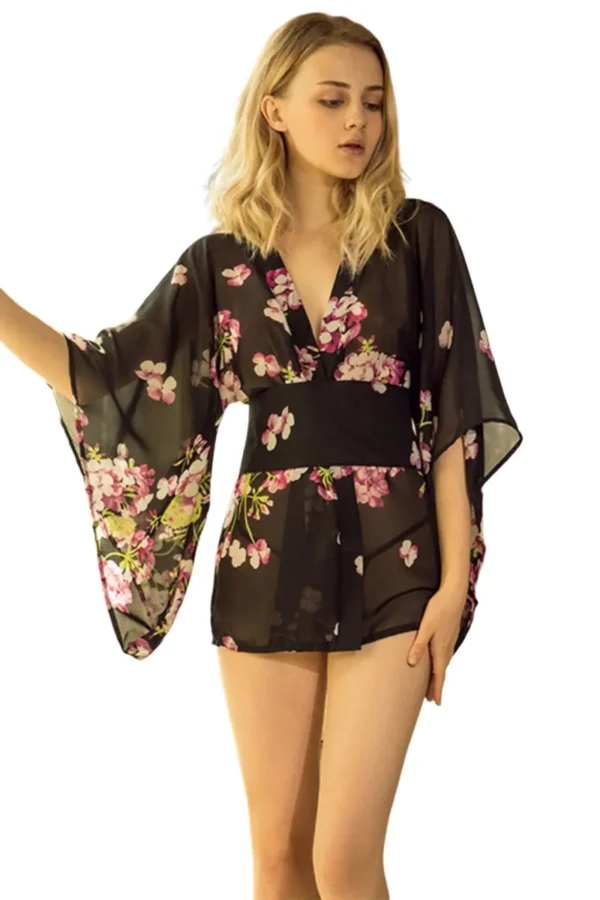 A front view of b2b sheer kimono lingerie in black with floral accents.