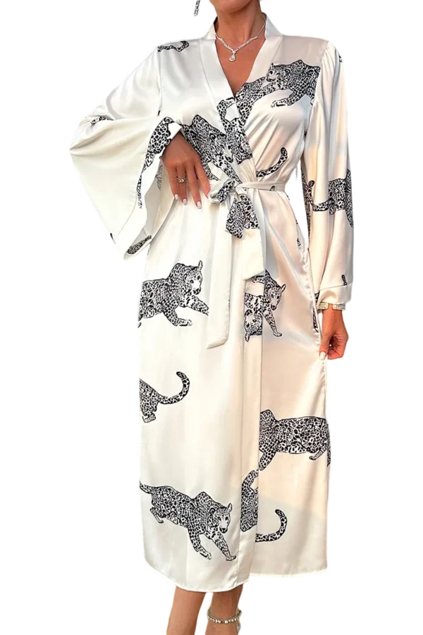 B2B women’s leopard print loungewear robe in satin, stylish and comfortable.