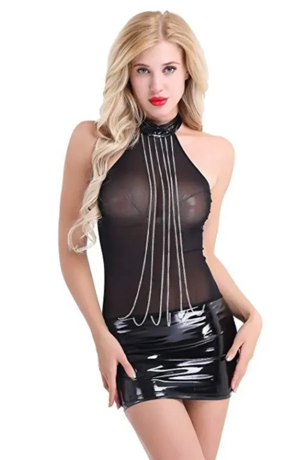 B2B womens PU leather lingerie set with chain embellishments