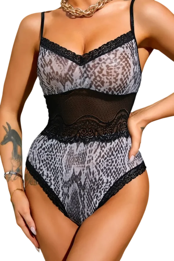 Leopard print b2b long lace nightgown with black lace detailing