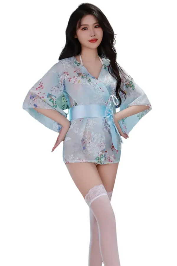 Back view of woman wearing a custom floral lingerie kimono