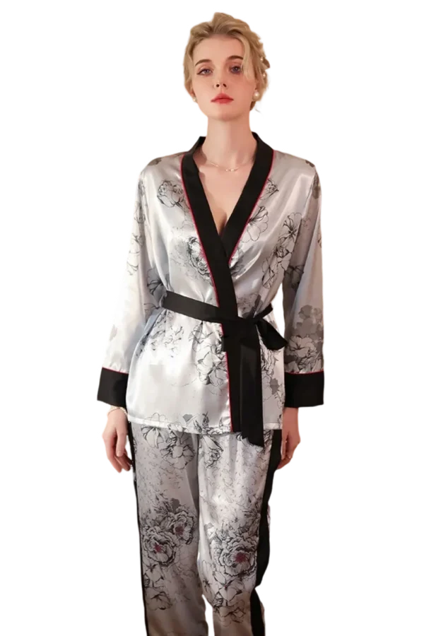 Best sexy loungewear OEM satin robe pajama set with a floral pattern and black sash