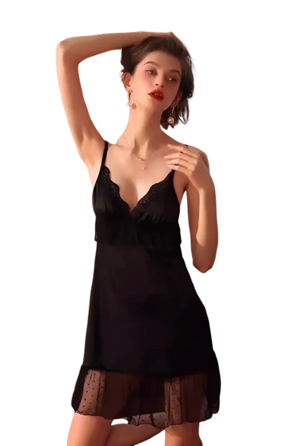 Black Custom Lace Nightgown with Sheer Polka Dot Hem - Supreme Lingerie Custom lace nightgown in black with a sheer polka dot hem, offering elegance and style