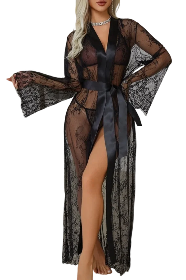 Black lace private label sexy comfortable loungewear with satin belt.