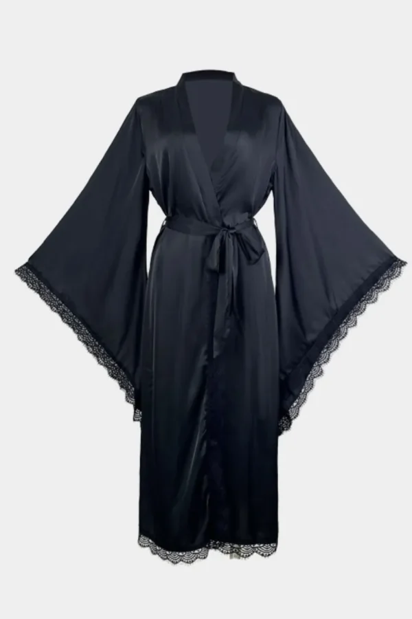 Black satin robe with lace trim, sexy comfy loungewear OEM
