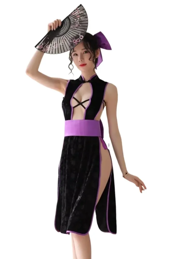 Full view of custom cheongsam lingerie in black velvet and purple trim
