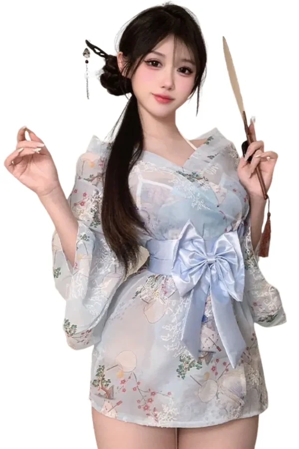 Custom sexy lingerie kimono in blue with sheer floral fabric