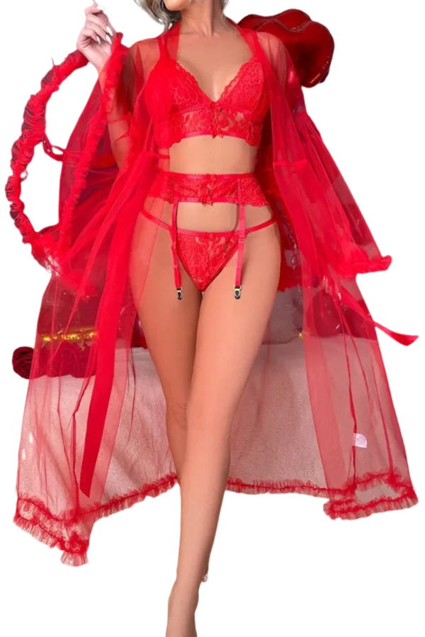 B2B Sexy Winter Loungewear bold red lace garter and lingerie set