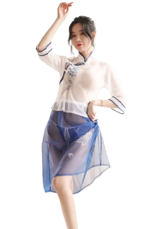 Model showcasing front view of white and blue bulk cheongsam lingerie