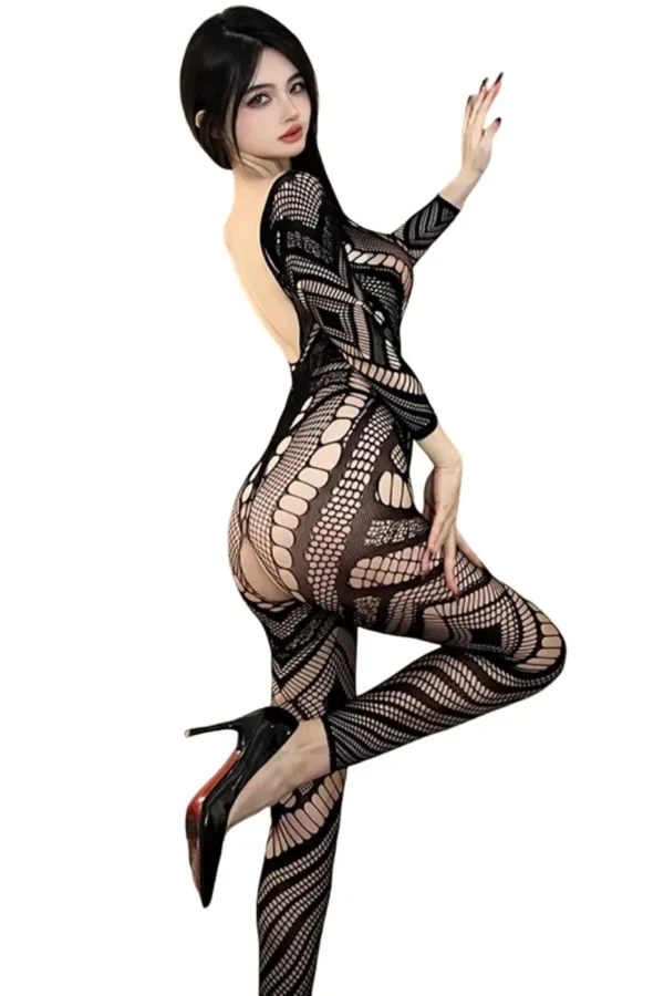 Model flaunts a backless cut bulk crotchless fishnet lingerie.