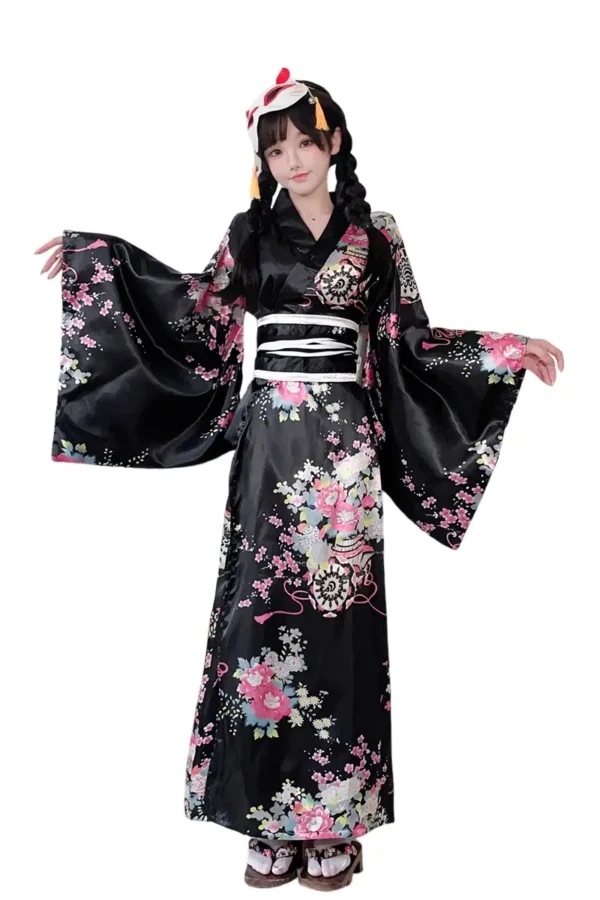 Woman wearing bulk Japanese kimono lingerie with an elegant floral design.