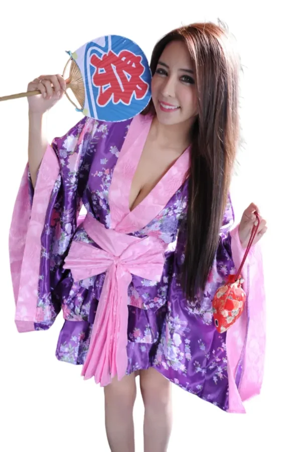 Bulk kimono satin lingerie with floral patterns in purple and pink