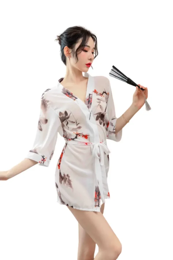 Woman wearing a bulk lingerie kimono with elegant floral design