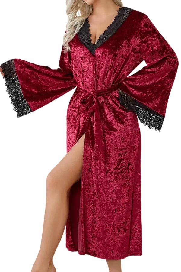 Bulk loungewear women sexy velvet robe in deep red with black lace details