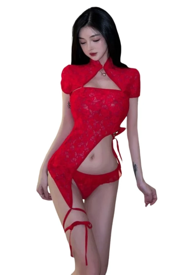 Front view of red satin cheongsam lingerie available in bulk
