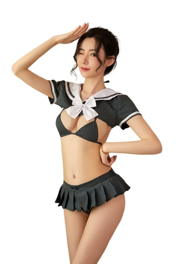 Bulk school girl sexy costume with black and white design, model saluting