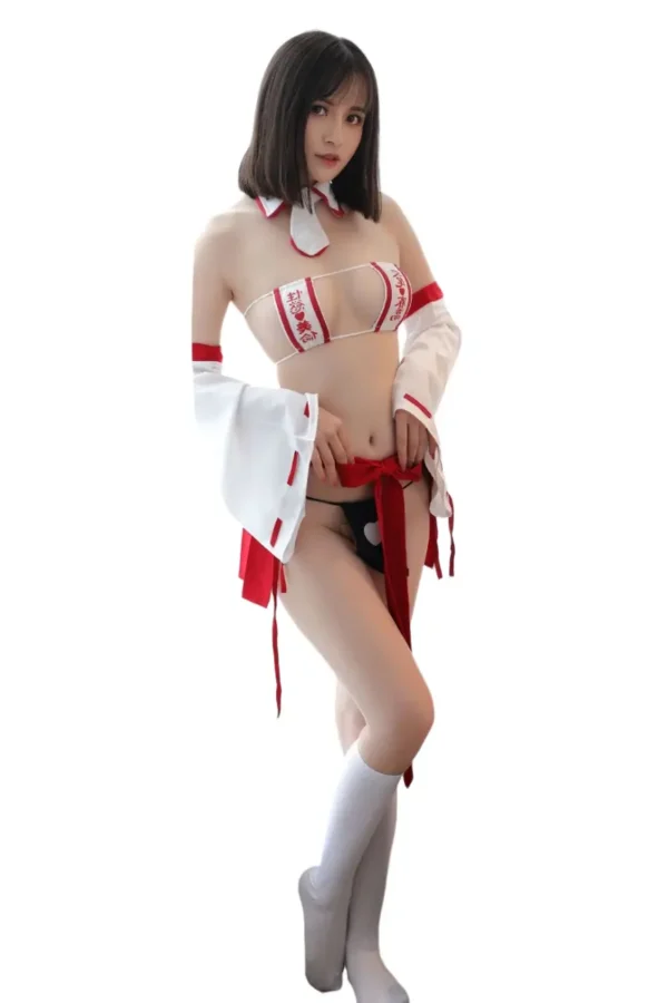 Bulk sexy lingerie kimono worn by model standing by window, featuring red and white contrast.
