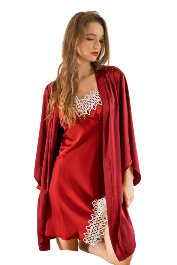 Bulk Sexy Loungewear Set in Red Satin with White Lace - Supreme Lingerie A model wearing a red satin loungewear set with lace detailing, part of the bulk sexy loungewear collection.