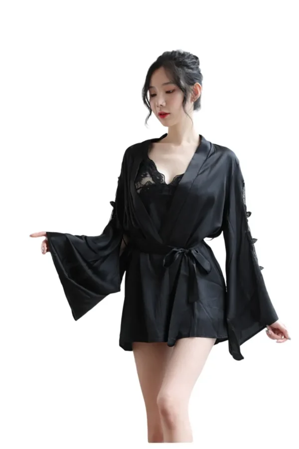 Woman wearing bulk sexy warm loungewear in black lace kimono robe set.