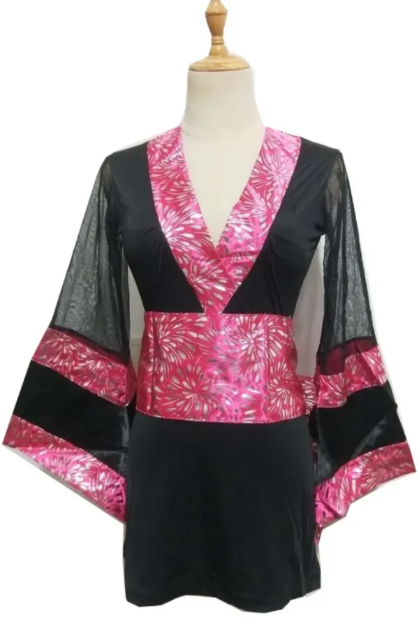 Front view of bulk sheer kimono lingerie with floral pink accents and black fabric.