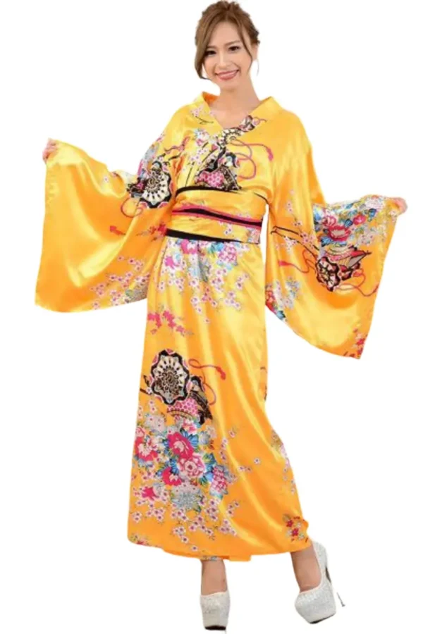 Pink custom kimono style lingerie with floral motifs and wide sleeves.