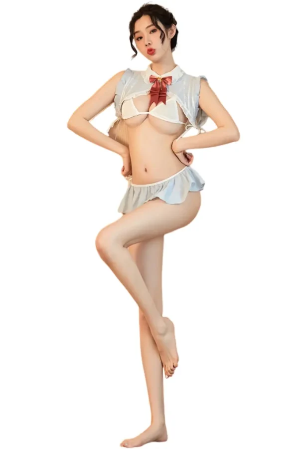 Close-up of a model wearing custom Bunny lingerie porn with a playful bunny-ear headband.