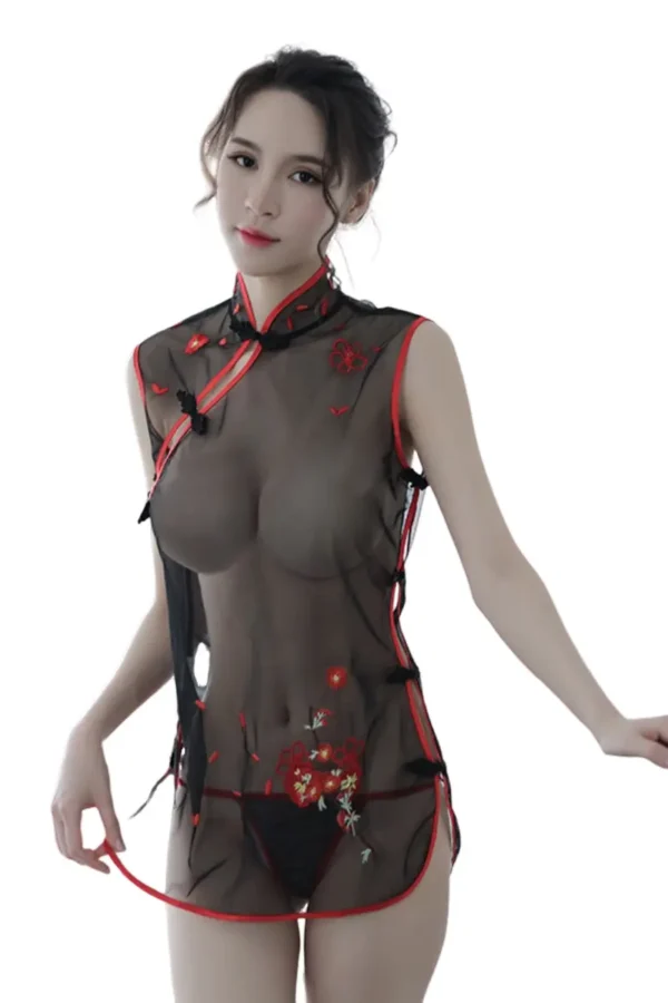 Modern custom cheongsam lingerie sexy with black sheer and red trims