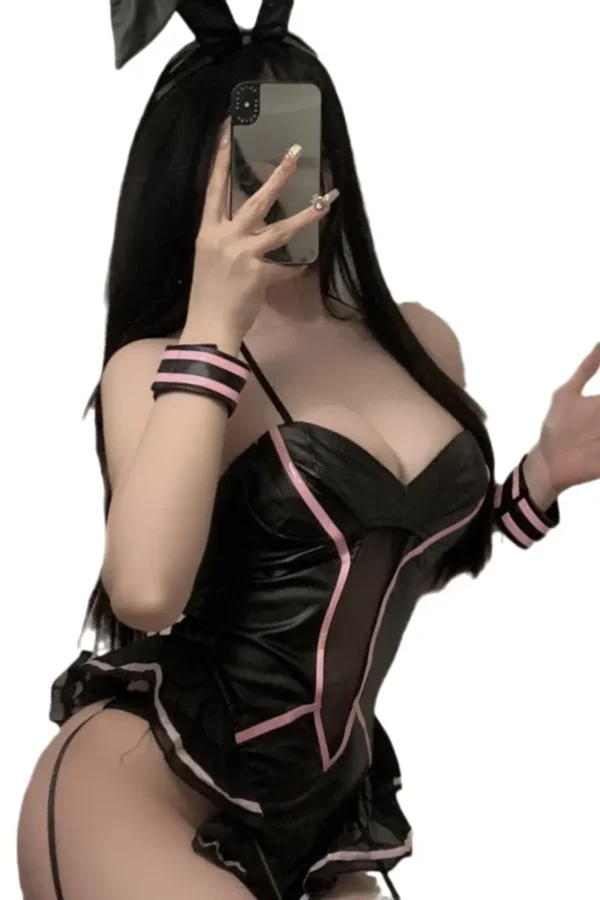 Custom Faux Leather Lingerie Bunny Bodysuit with Matching Cuffs - Supreme Lingerie Custom faux leather lingerie bunny bodysuit with matching cuffs