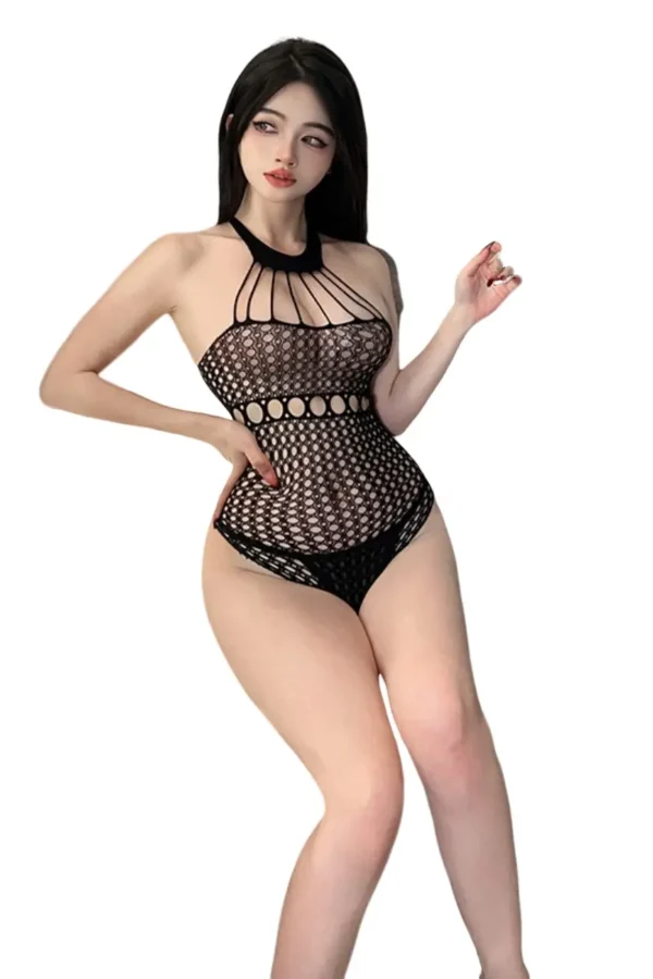 Custom fishnet dress lingerie with a halter neck showcasing intricate patterns.
