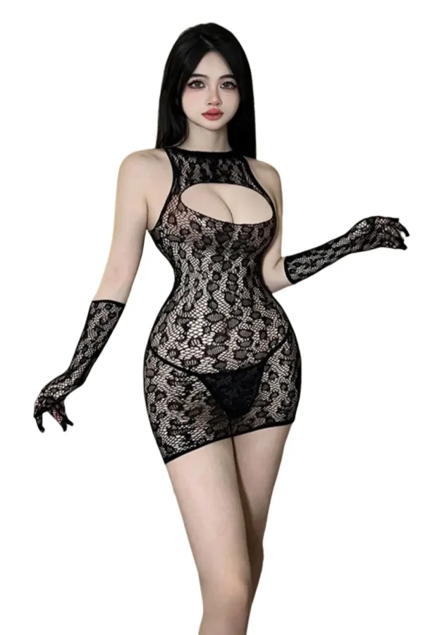 Close-up of custom fishnet lingerie stockings with an intricate lace pattern.