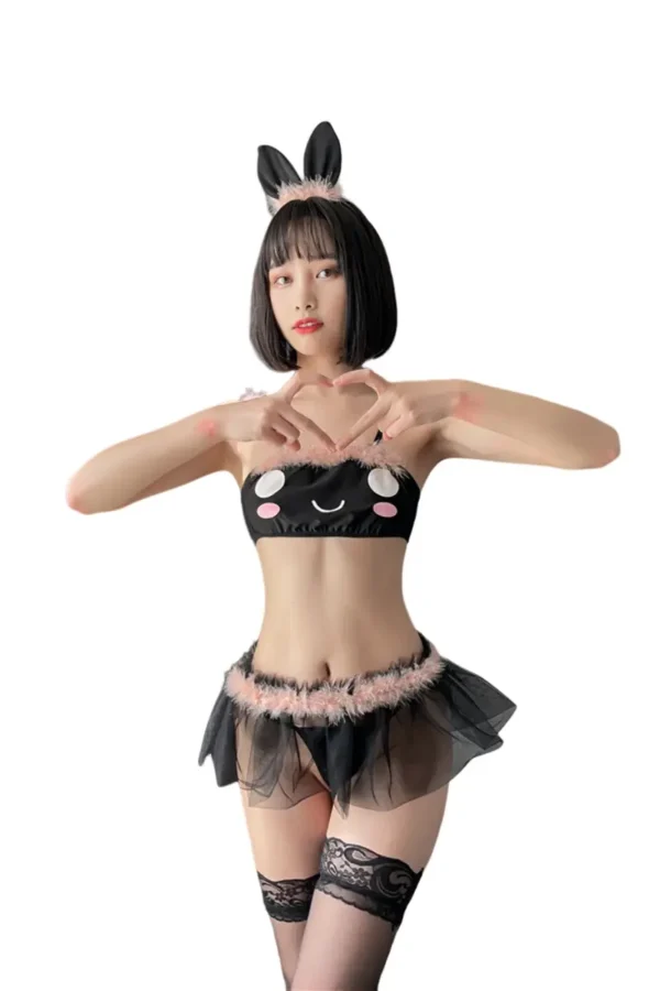 Custom lingerie cat set in black with bunny ears and pink fluff trim, featuring a flirty and cute design.
