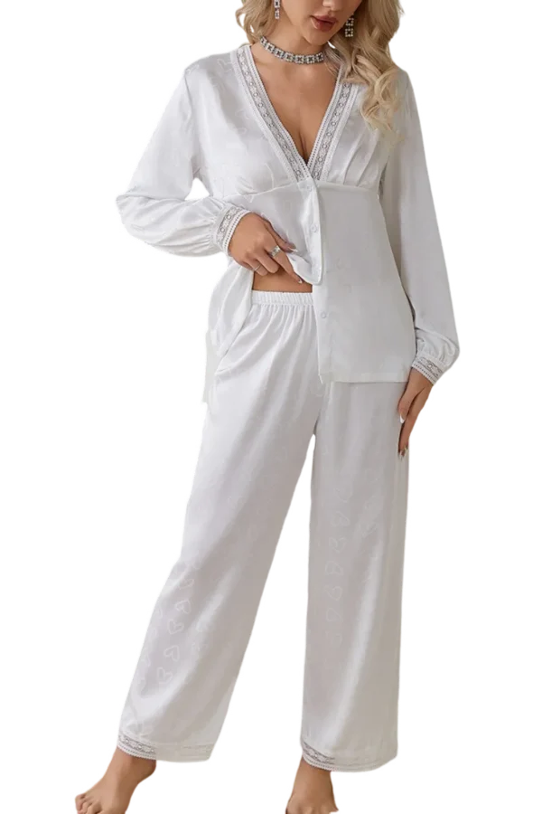 Custom sexy comfy loungewear set with buttoned top and heart embroidery in white