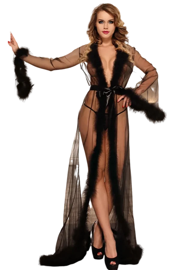 Custom Sheer Black Loungewear Gown with Fur Trim for Women - Supreme Lingerie Custom womens sexy loungewear sheer black gown with fur trim