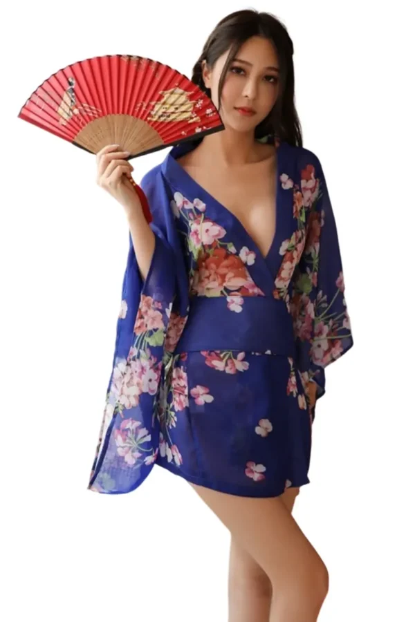 Model posing in custom sheer kimono lingerie with a red fan and floral prints.