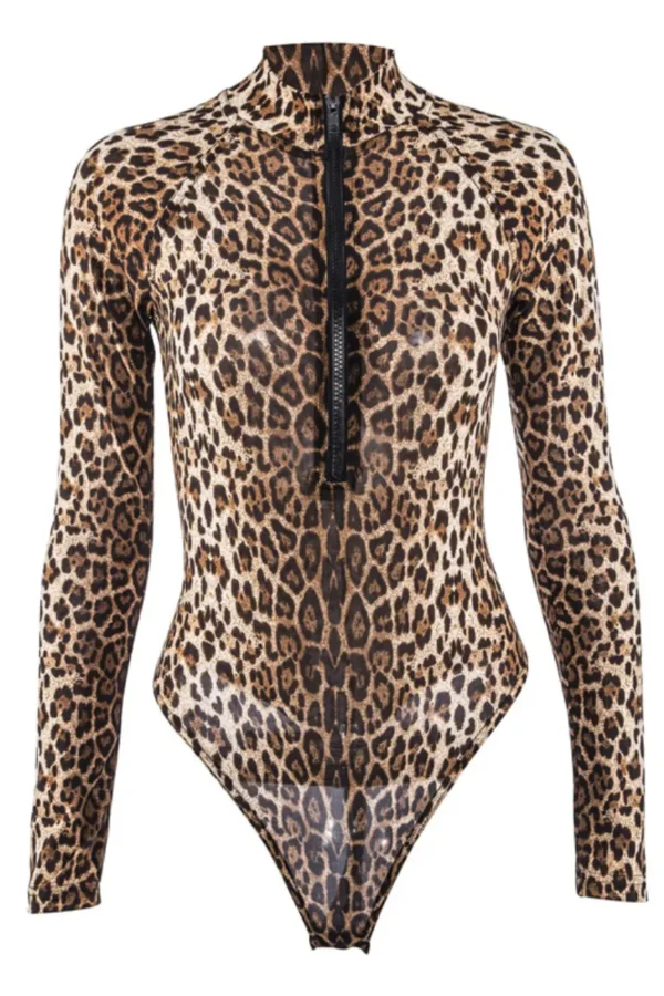 High-neck custom silk leopard print lingerie bodysuit displayed flat