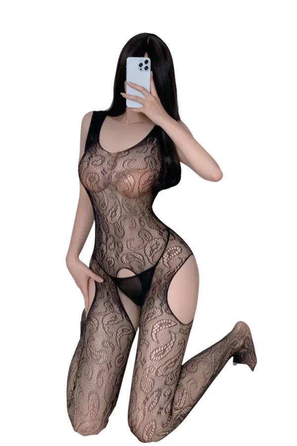 Fishnet porn lingerie bodysuit with open details