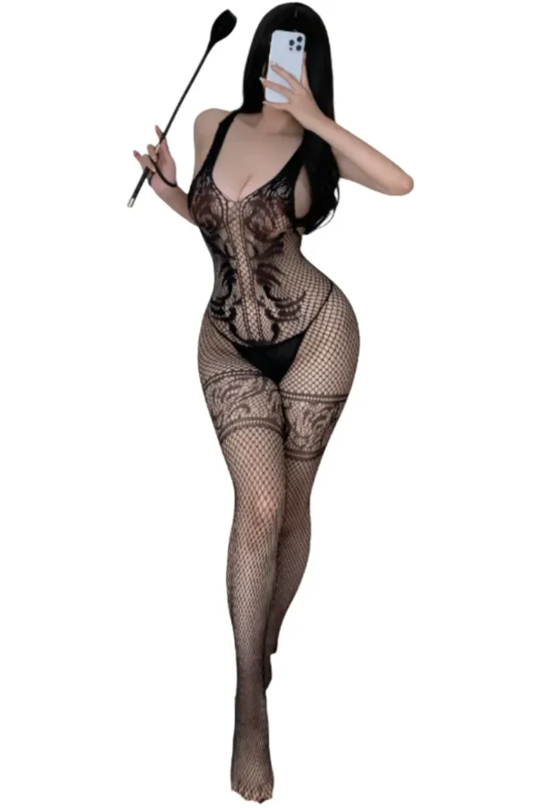 Black fishnet lingerie for B2B markets in a seductive pose.